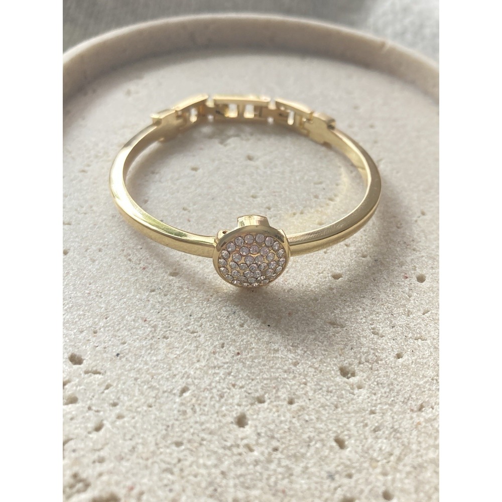 Gold Tone Hinged Bangle Bracelet Round Pave‎ Rhinestone Accent Couture Glam